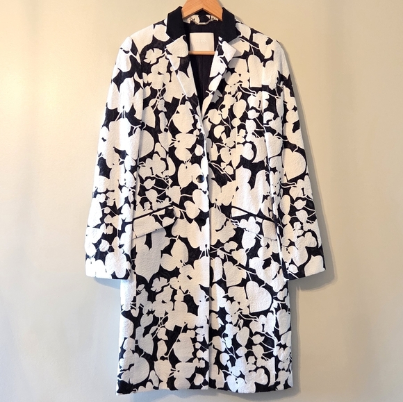 Hugo Boss Women's Floral Print Black And White Long Button Down Blazer Size 4 - Picture 2 of 11